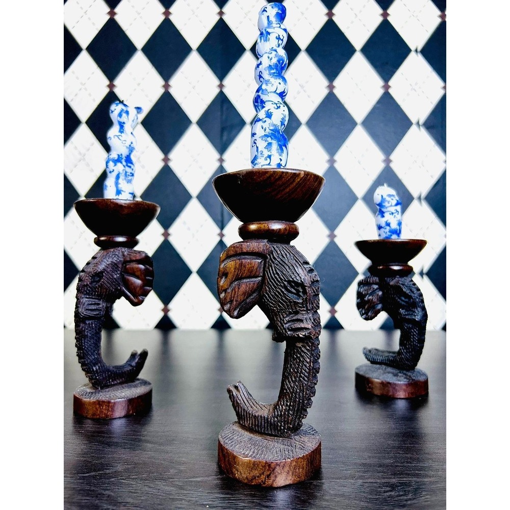 Hand Carved Zimbabwe Wooden Elephant Candle Holders Set of 3 African Safari - Picture 4 of 15